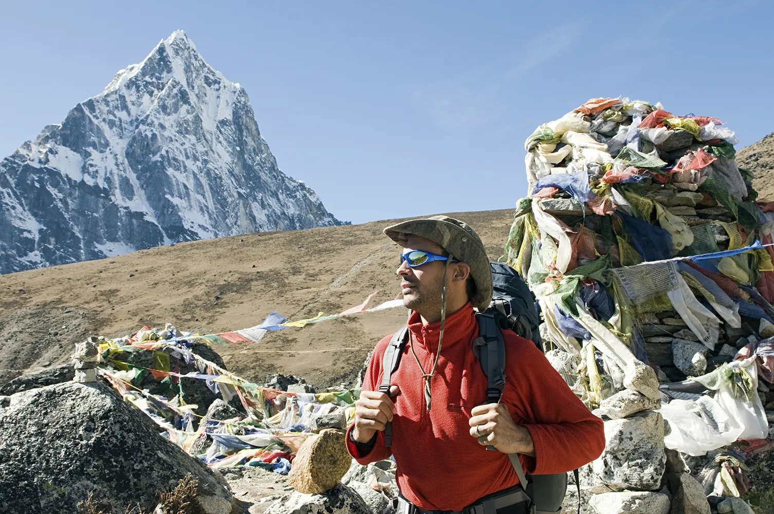 Hiker in a red fleece jacket and hat trekking in the Himalayas, with a snow-capped mountain peak in the background and colorful prayer flags in the foreground.