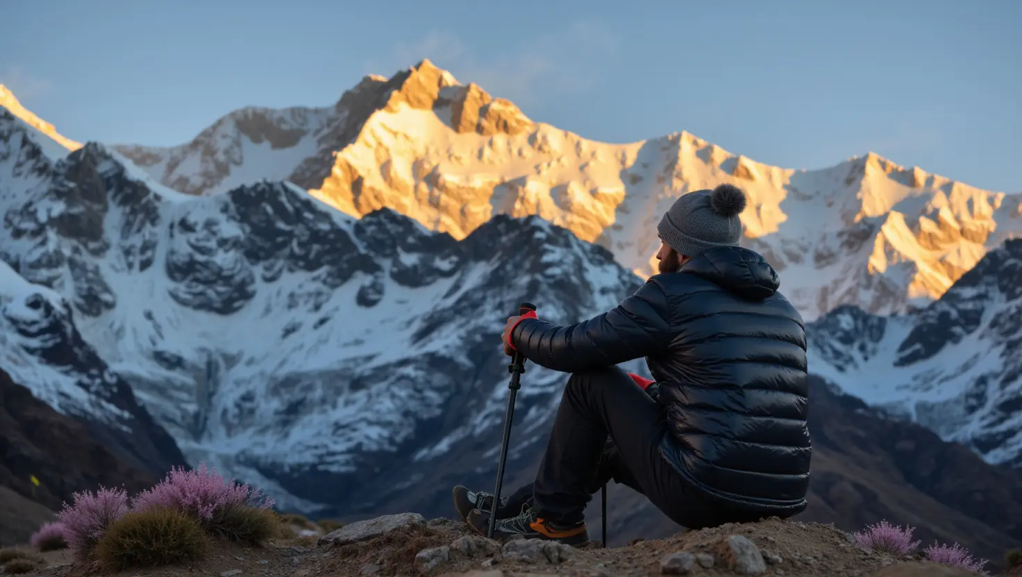 A trekker watching the sunrise on Mount Kanchenjunga from the Goechala Trek, a stunning high-altitude trek in Sikkim.