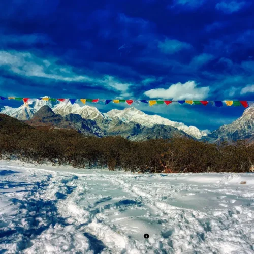 Colorful prayer flags over a snowy trail with Mount Kanchenjunga in the distance on the Dzongri Trek.