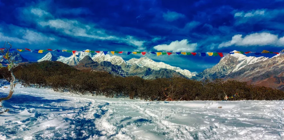 Colorful prayer flags over a snowy trail with Mount Kanchenjunga in the distance on the Dzongri Trek.