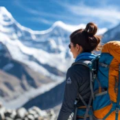 A female trekker with a backpack on the high-altitude trek, looking towards the Himalayan peaks.