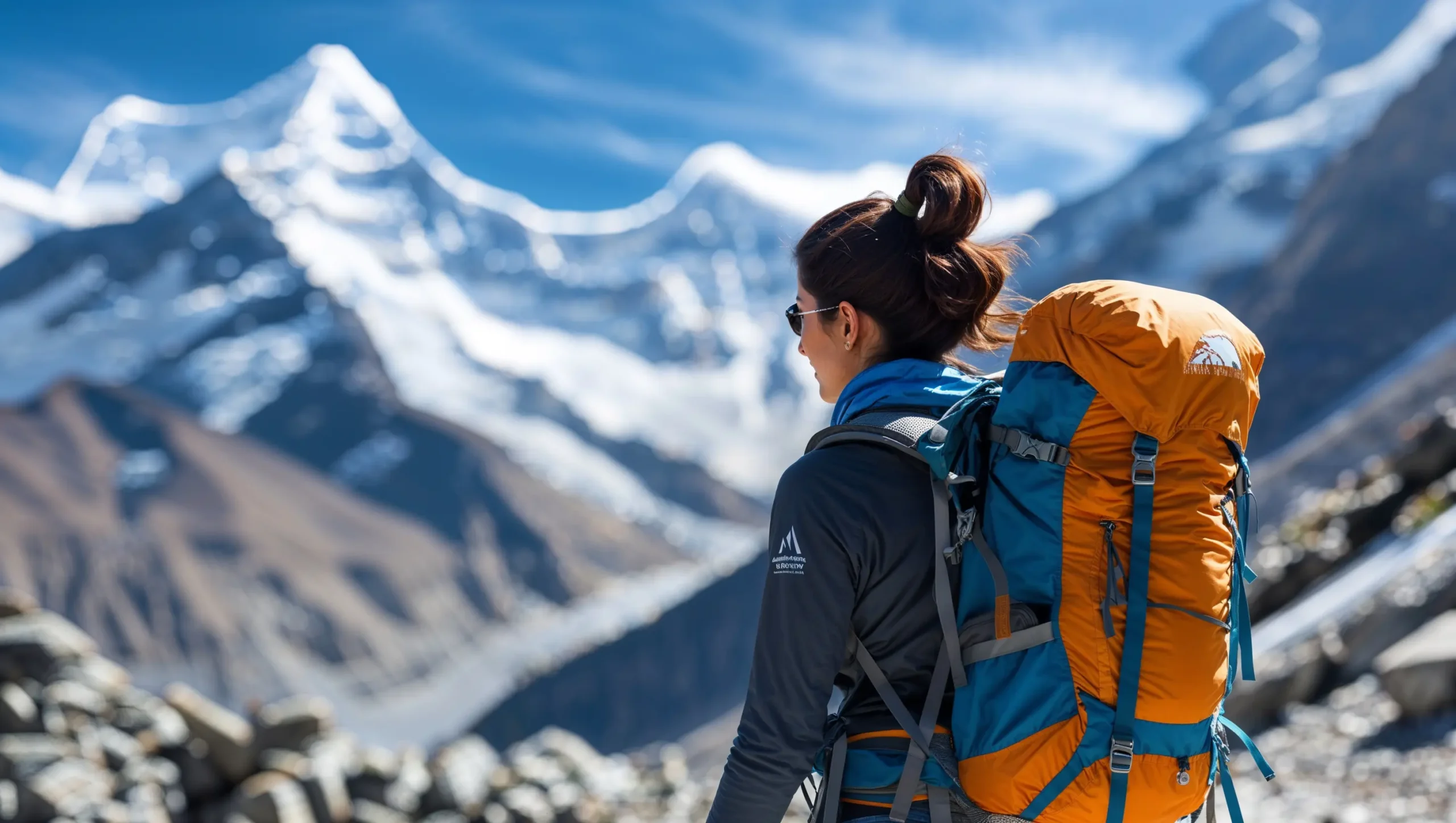 A female trekker with a backpack on the high-altitude trek, looking towards the Himalayan peaks.