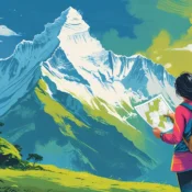 A hiker with a backpack looking at a map against a backdrop of majestic mountains, symbolizing the need for a Sikkim permit for travel to restricted areas.