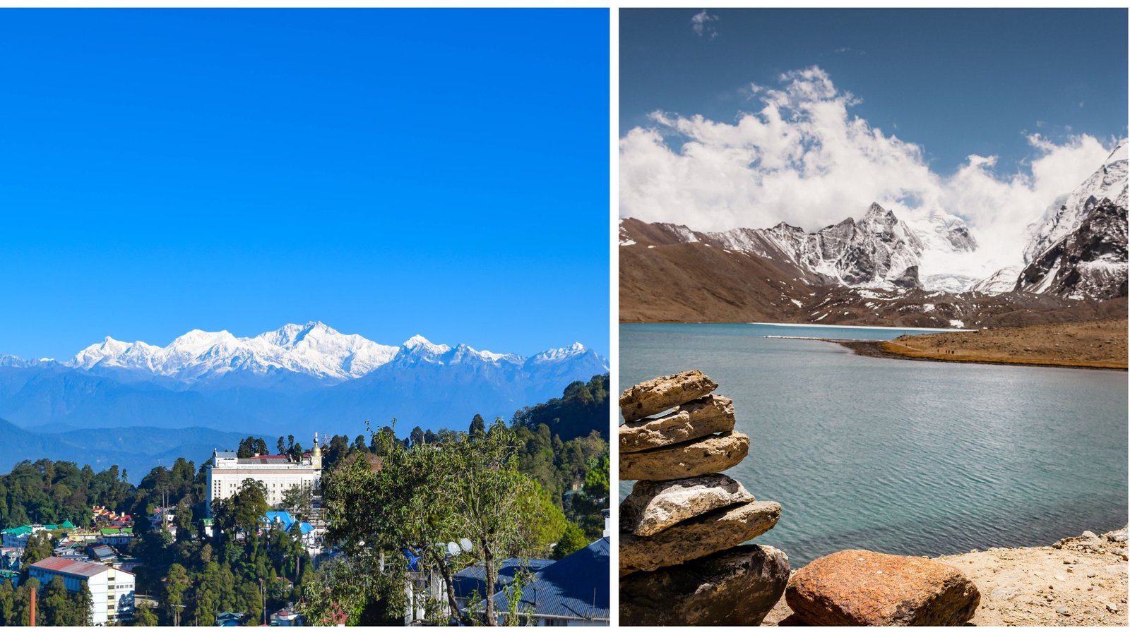 Panoramic view of snow-capped Kanchenjunga range from Darjeeling with a scenic lake and mountains in Sikkim for 7 nights 8 days tour