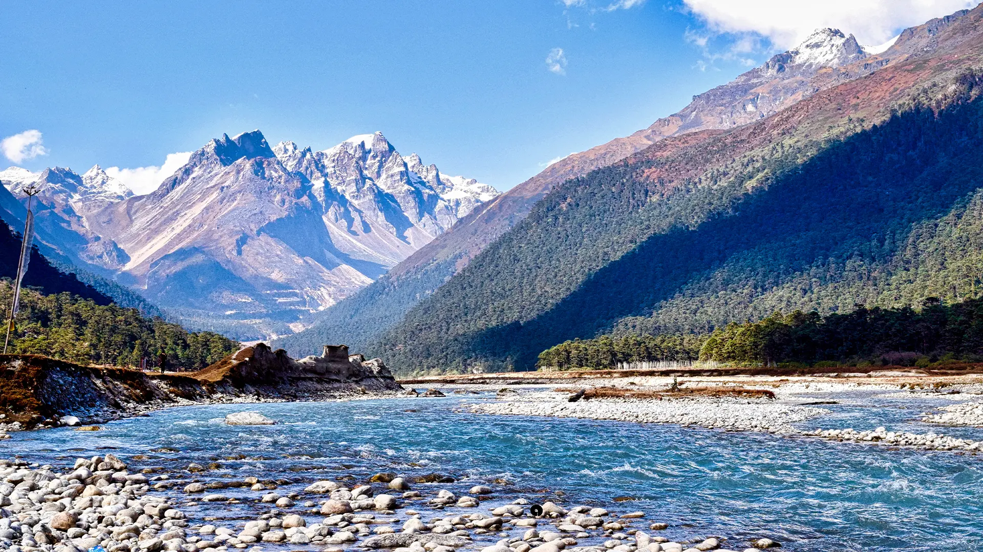 A clear blue river flowing through the scenic Yumthang Valley in North Sikkim, backed by snow-capped mountains.