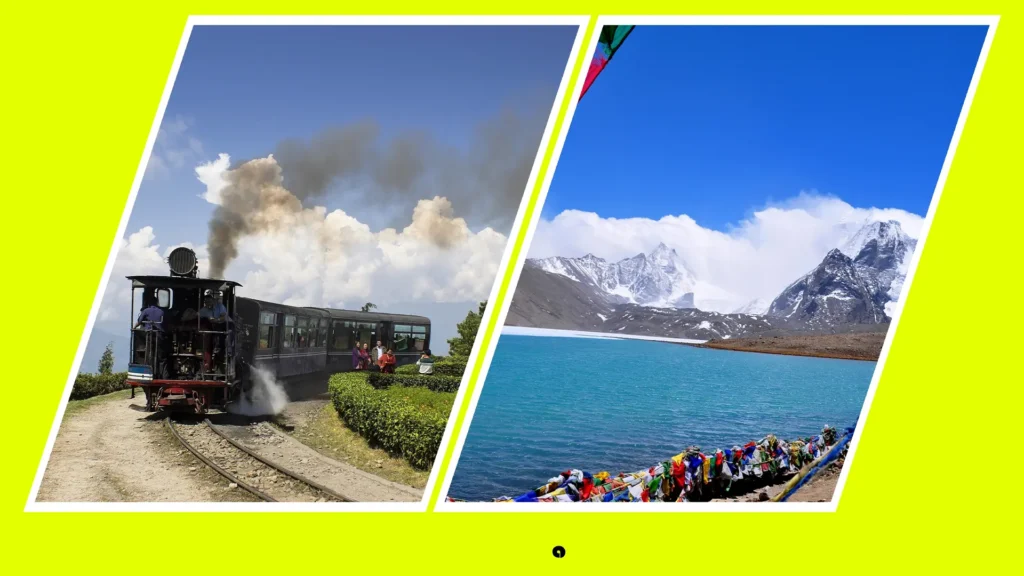 Collage of the steaming Darjeeling toy train and the vibrant Gurudongmar Lake against snow-capped mountains.
