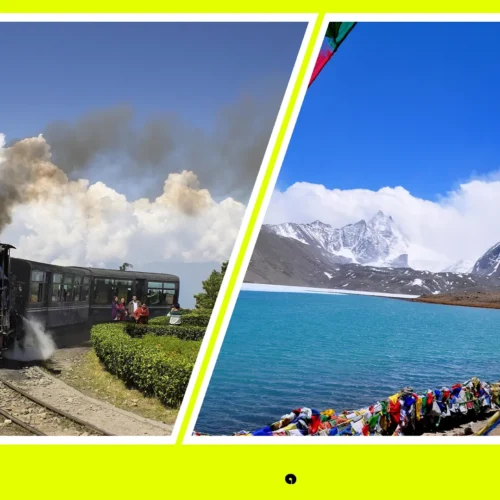 Collage of the steaming Darjeeling toy train and the vibrant Gurudongmar Lake against snow-capped mountains.