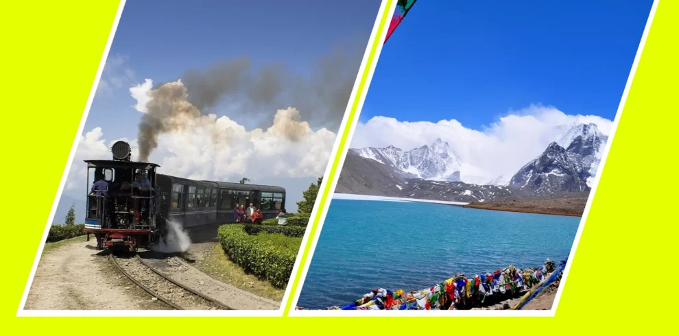 Collage of the steaming Darjeeling toy train and the vibrant Gurudongmar Lake against snow-capped mountains.