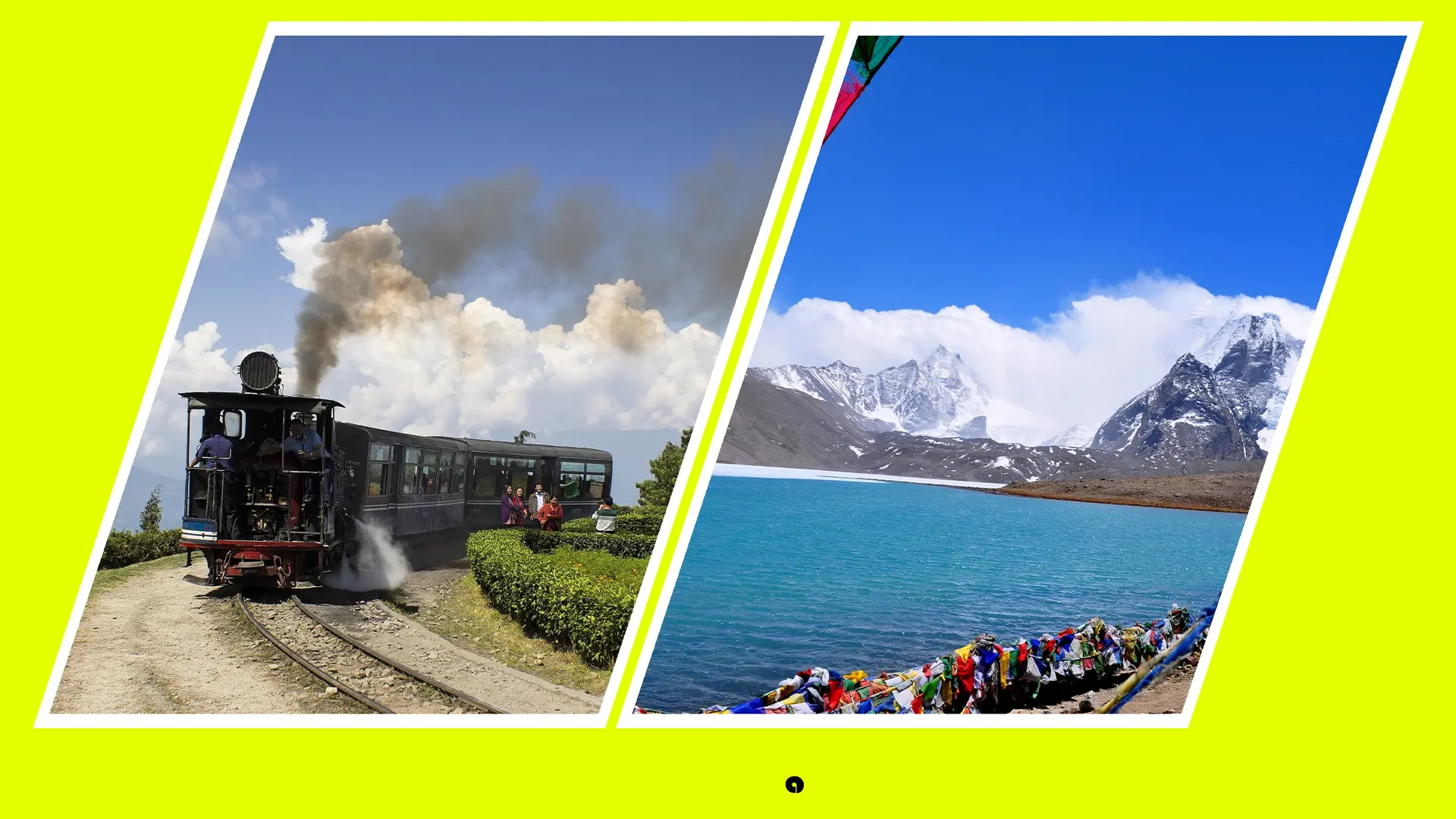 Collage of the steaming Darjeeling toy train and the vibrant Gurudongmar Lake against snow-capped mountains.