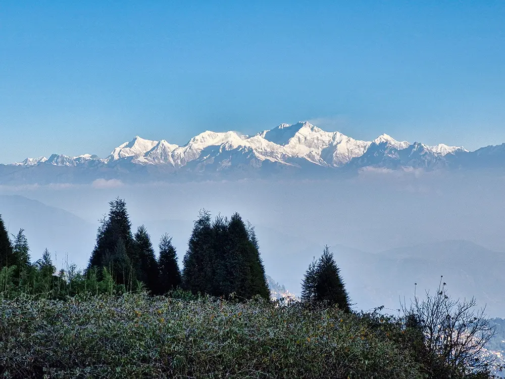 Snow-capped Mount Kanchenjunga and Himalayan peaks rising above misty trees, viewed from Darjeeling Tiger Hill.