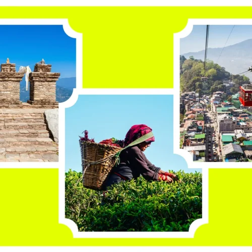 Collage featuring Pelling ruins, a tea plucker in Darjeeling, and the Gangtok ropeway cable car.