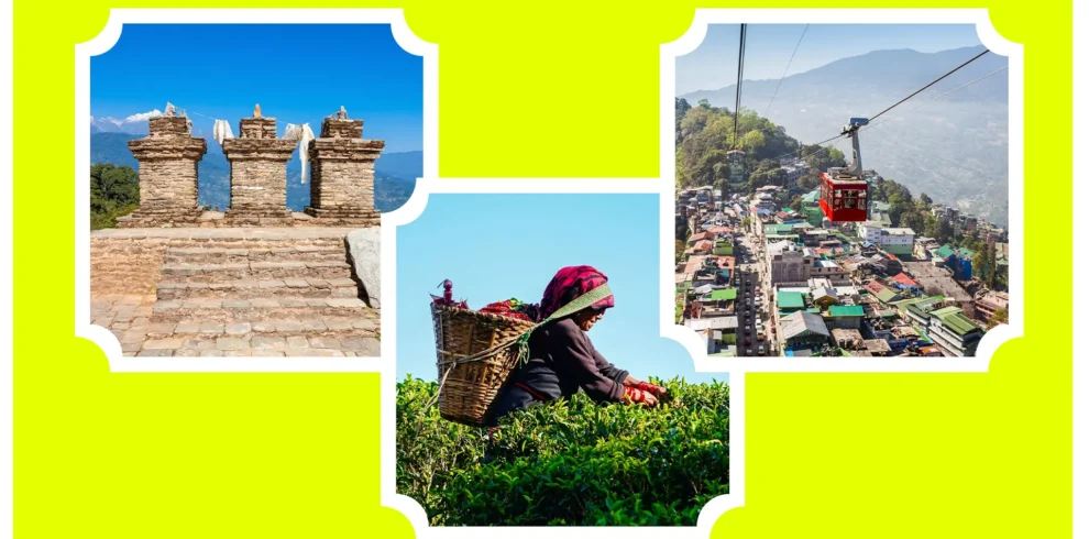 Collage featuring Pelling ruins, a tea plucker in Darjeeling, and the Gangtok ropeway cable car.